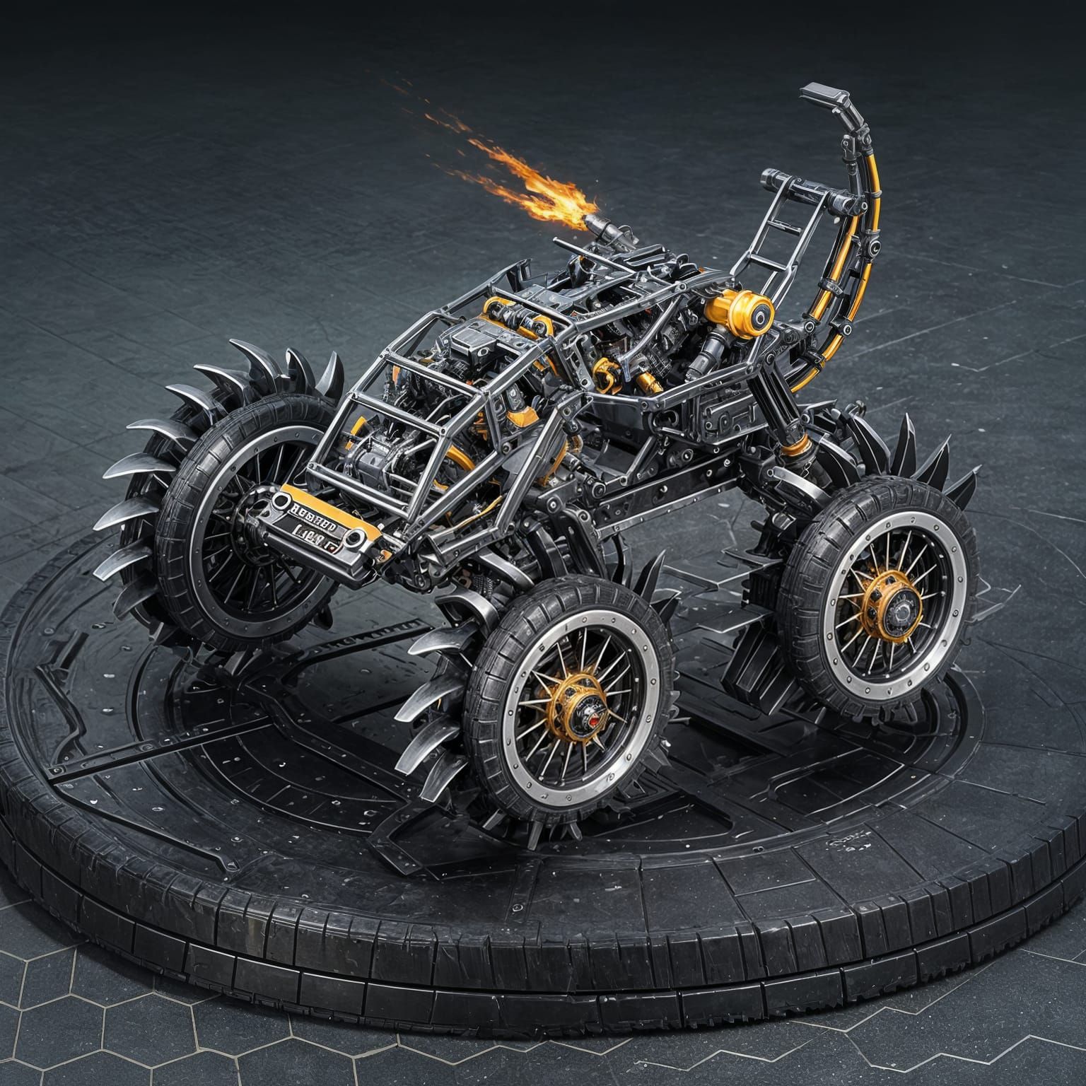 Aggressive Metallic Robotic Fighting Machine on Wheels