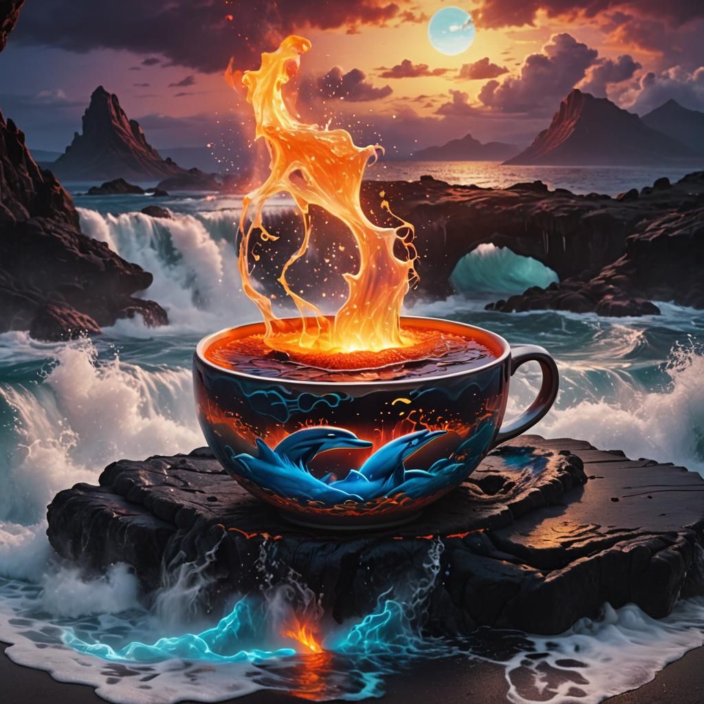 Lava and Water Cup with Dolphins, Fantasy Art