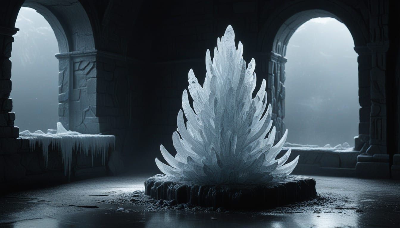 Surreal Ice Sculpture in a Dark, Misty Room