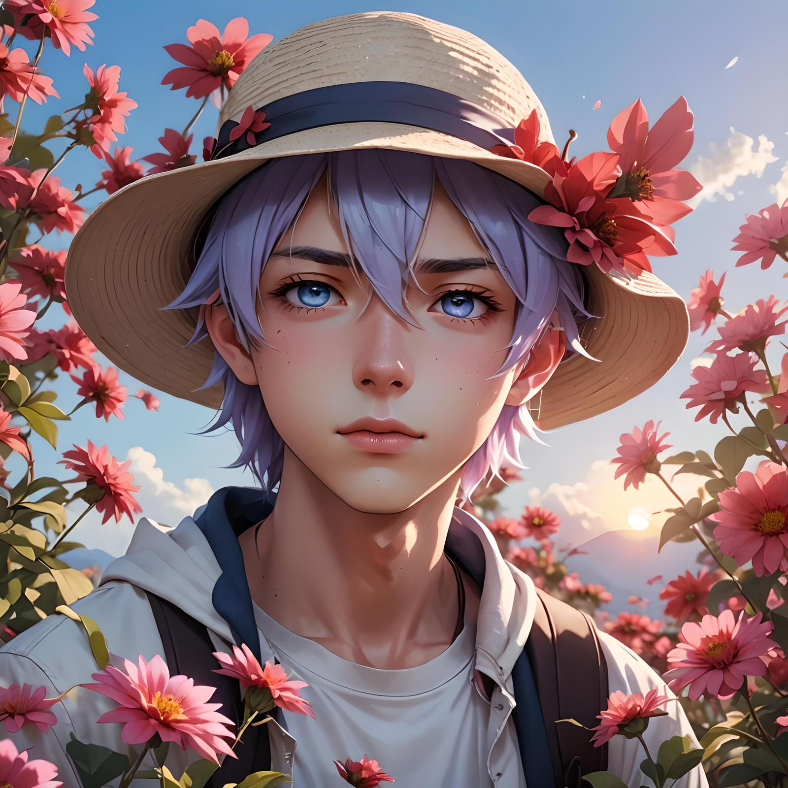Anime Boy with Crystal Eyes and Flowers