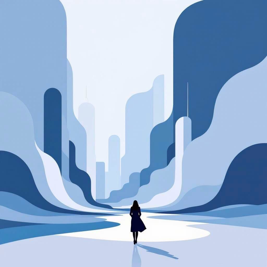Minimalist Cityscape: Lone Woman in Abstract Art