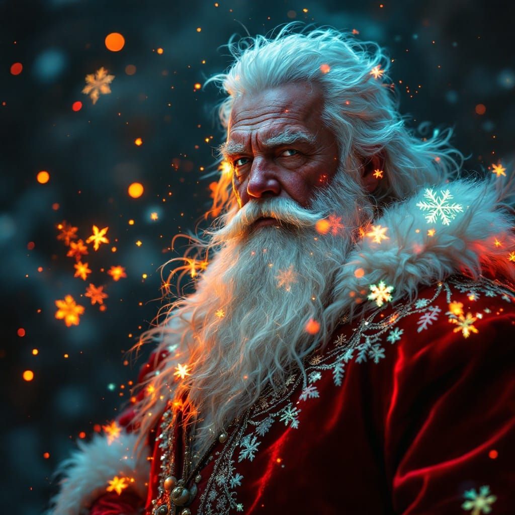 Majestic White-Haired Santa in Crimson Velvet Suit, Glowing....