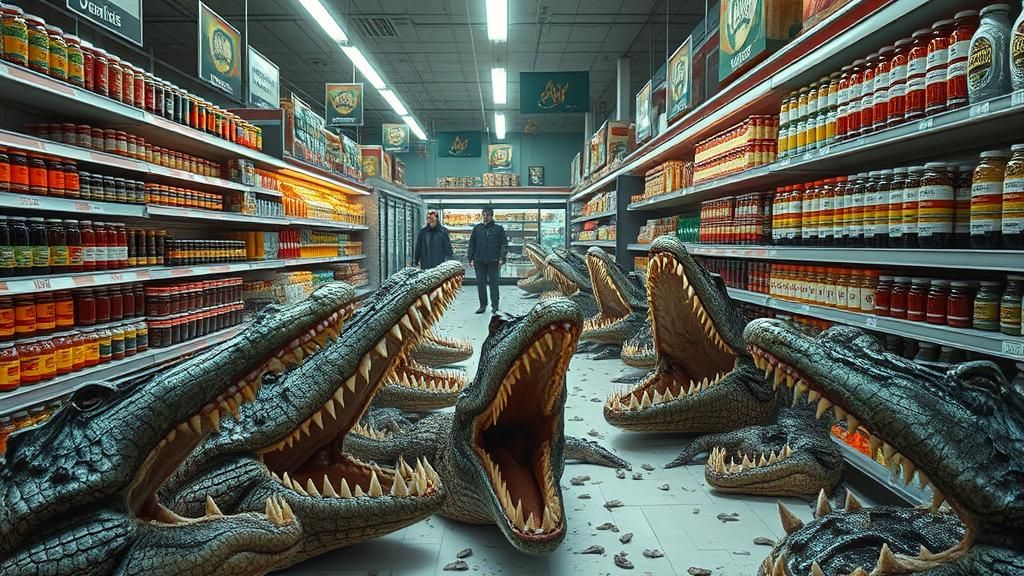 Surreal Grocery Store Eruption with Alien Shoppers