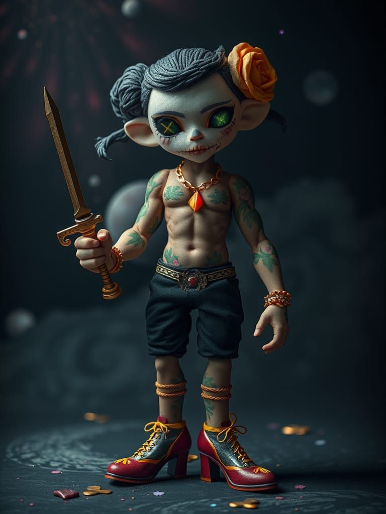 Menacing Fabric Doll with Needle Sword