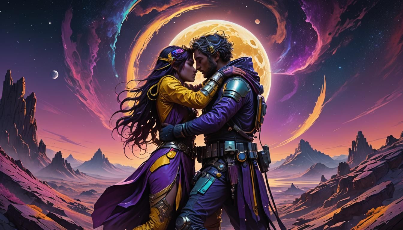 Futuristic Lovers Embrace on the Moon in Vibrant Colors