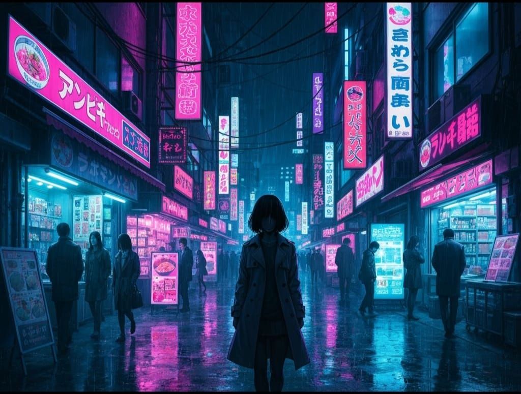 Cyberpunk Cityscape at Night with Neon Lights