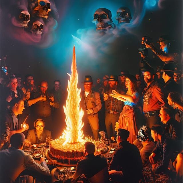 Fiery Skull Cake: Holographic Astral Oil Painting