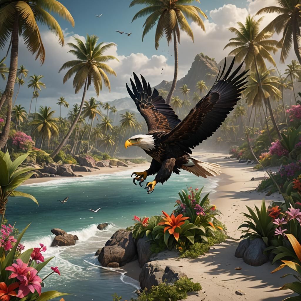 Eagle Flying Over Tropical Beach: Fantasy Art