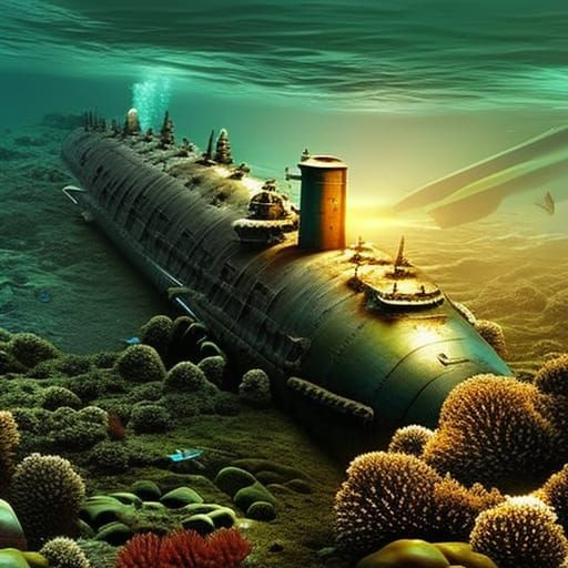Hyperrealistic Submarine at Ocean Bottom Concept Art