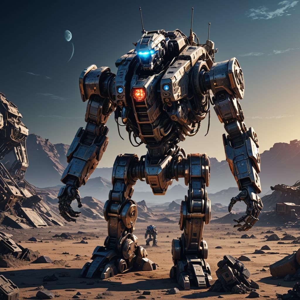 Sci-Fi War Robot in Cybernetic Wasteland