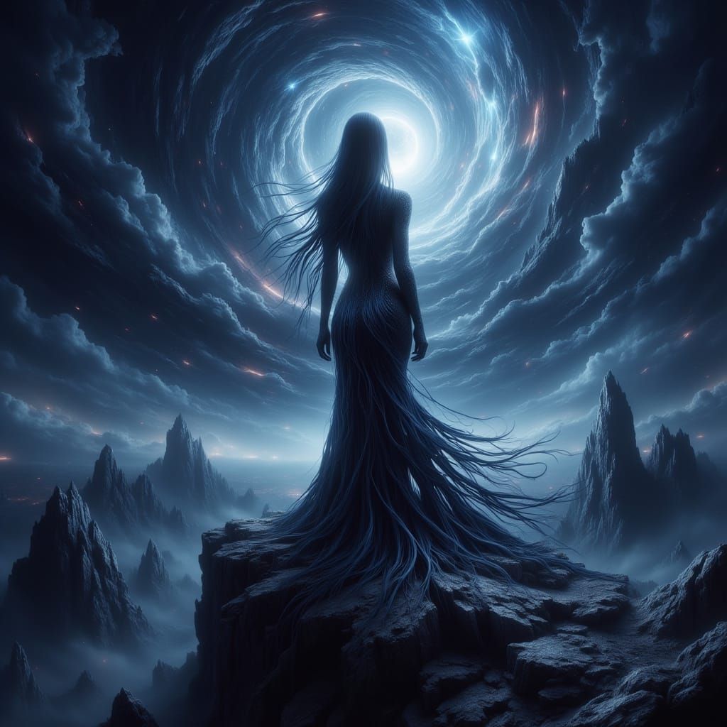 Supermodel on Precipice Overlooking Nebula in Dark Fantasy R...