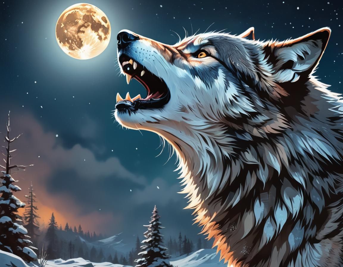 Lone Wolf Howling at Moon: Hyperrealistic Splash Art