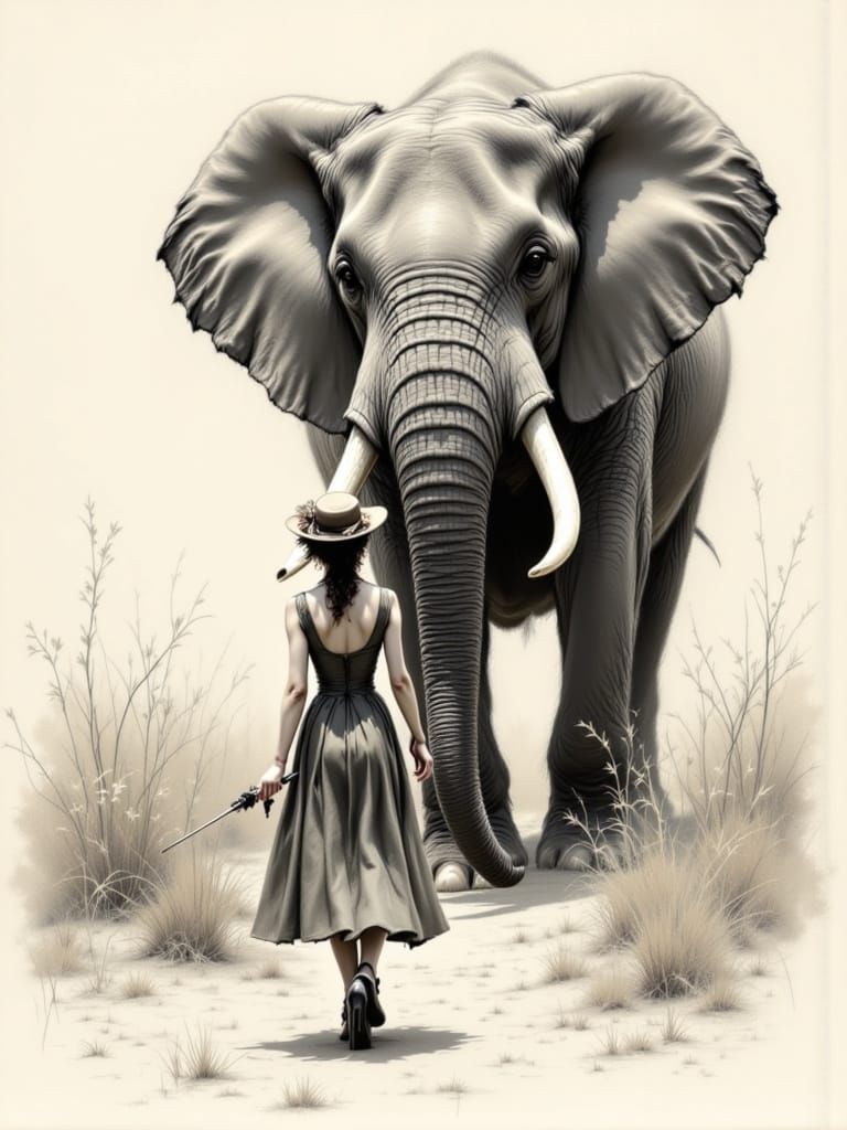 Steampunk Woman Meets Elephant: Charcoal Sketch Art