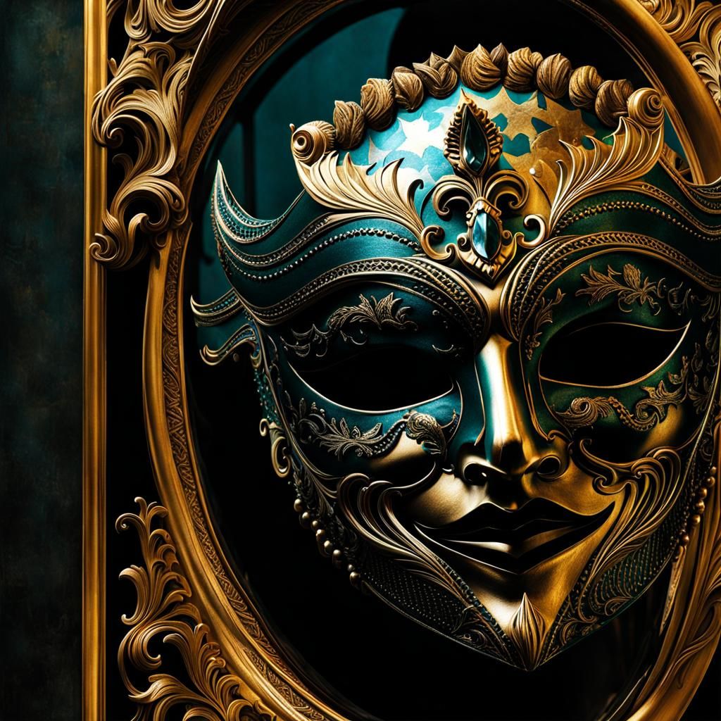 Surreal Mask and Mirror Reflecting Inner Turmoil