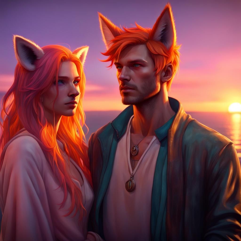 Fox-Eared Man and Pink-Haired Woman at Sunset