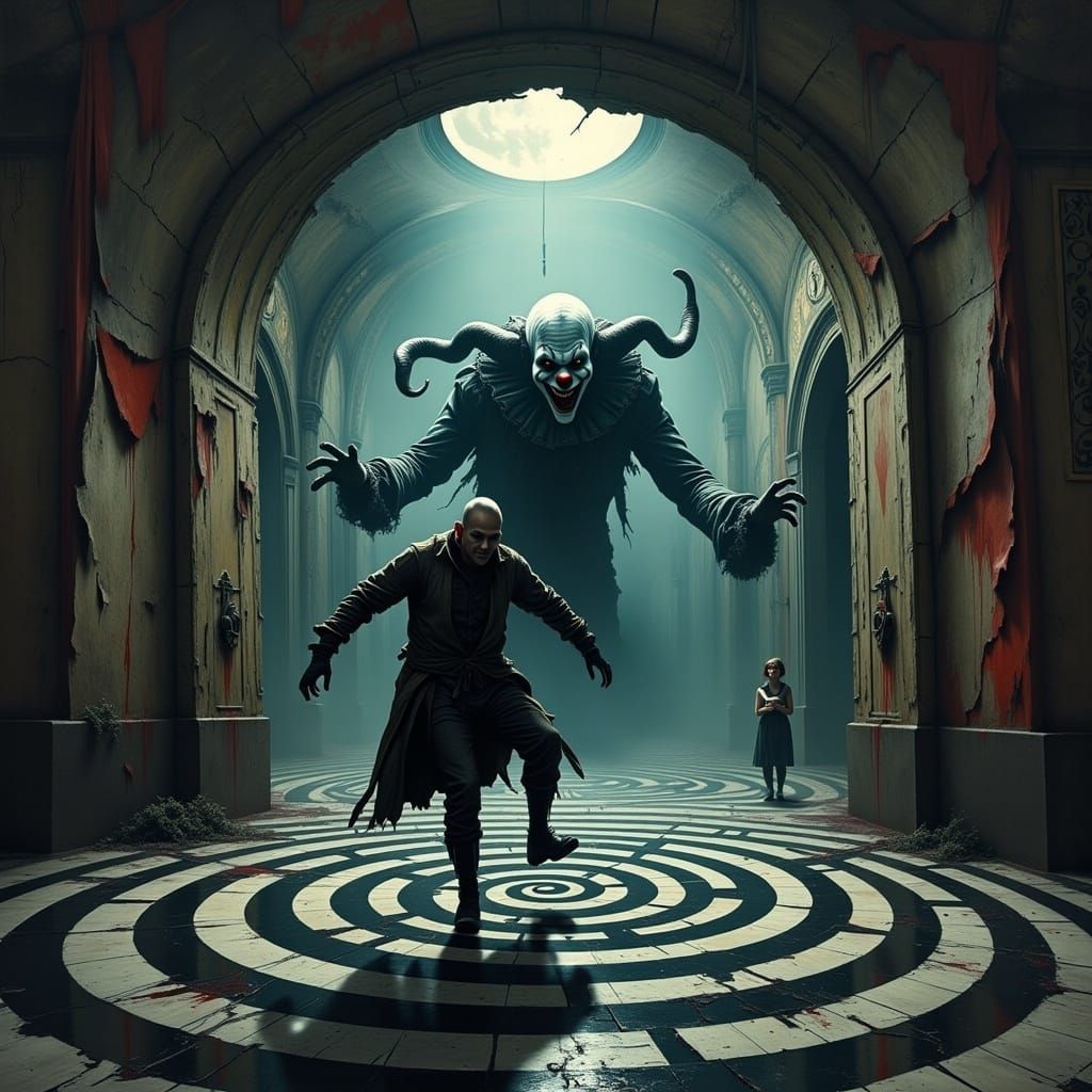 Dark Fantasy Escape: Grotesque Clown in a Dizzying Realm