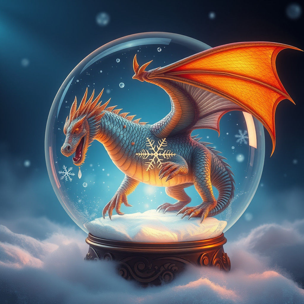 Dragon in Snow Globe with Art Nouveau Flair
