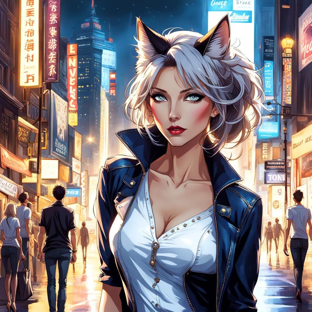 Attractive Catgirl in City Street at Night
