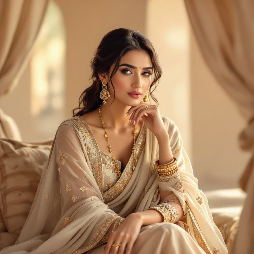 Thoughtful South Asian Woman in Realistic Style