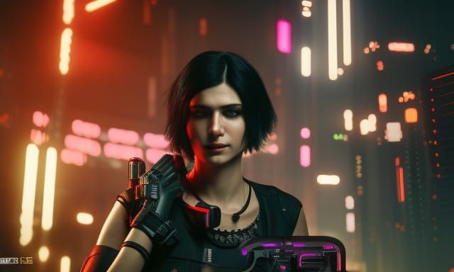 Cyberpunk Girl with Red Engine, Detailed Matte Painting