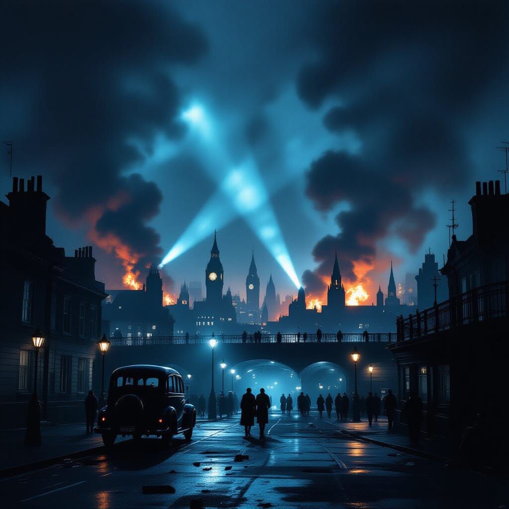 London Blitz Night Scene in Cinematic Noir Style
