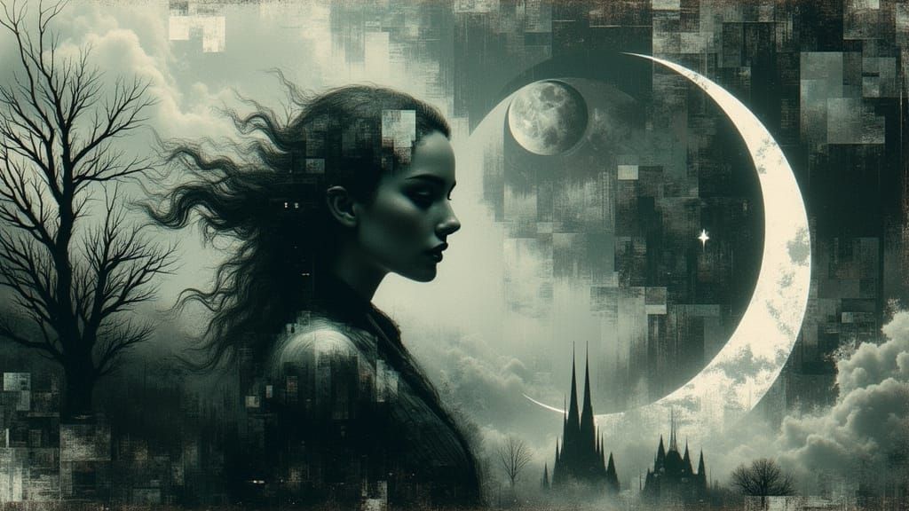 Ghostly Figure Between Dimensions in Surreal Landscape