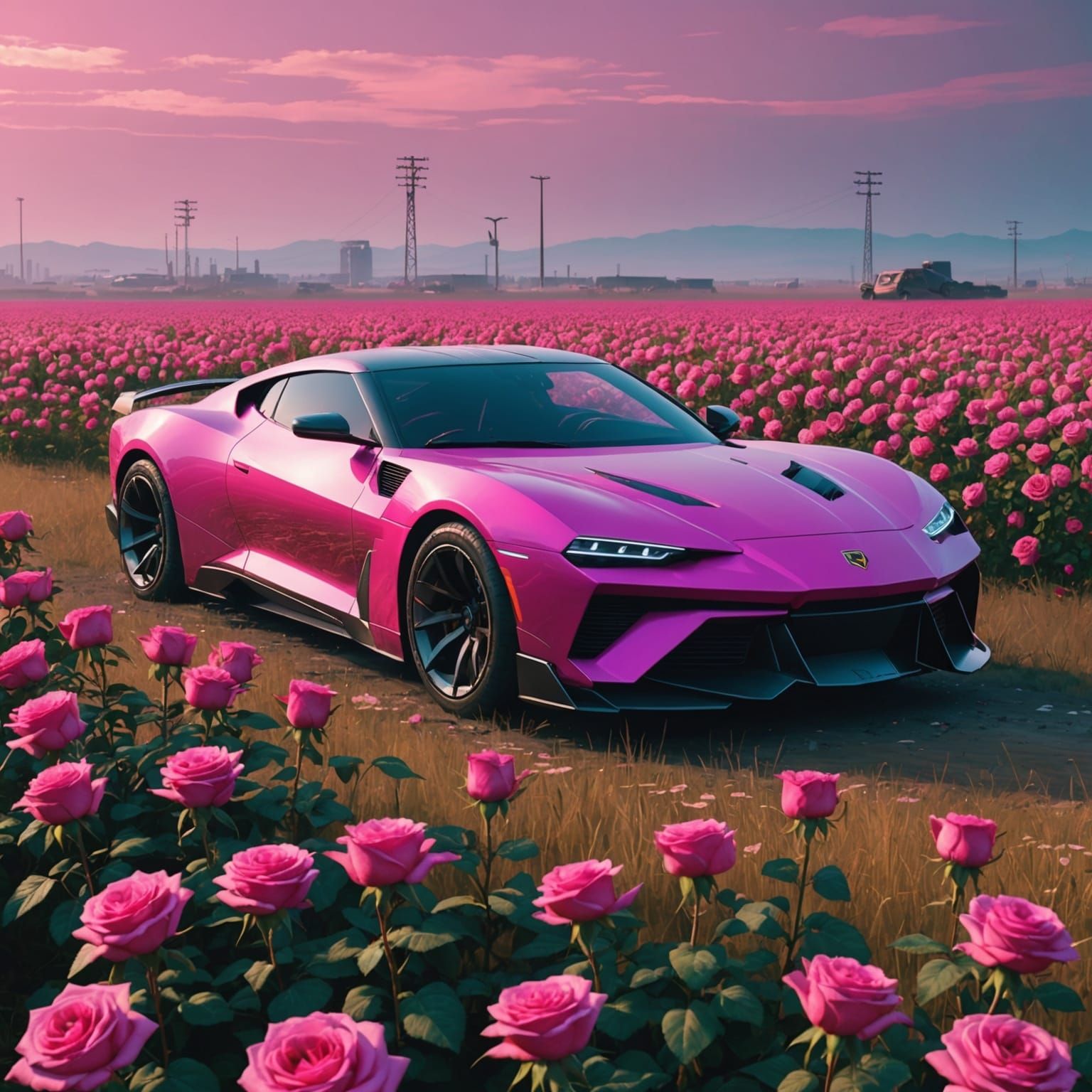 Cyberpunk Pink Car in Rose Field