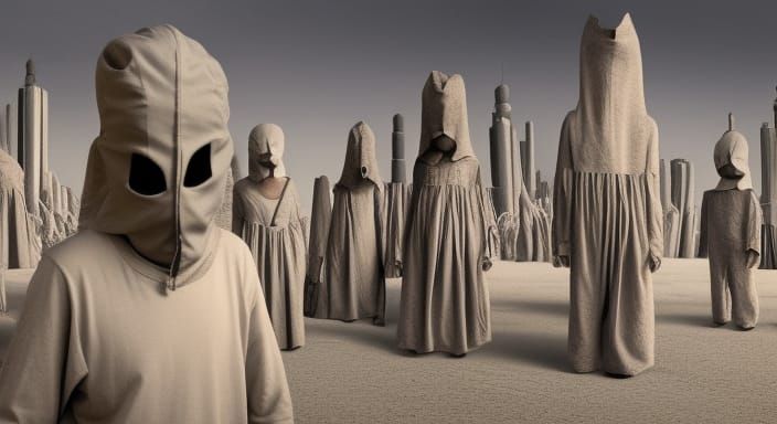 Eerie Faceless Figures in a Surreal Landscape