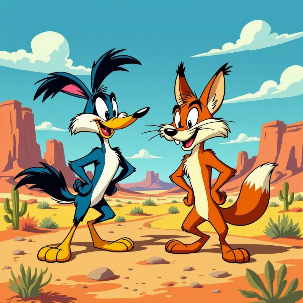 Road Runner and Coyote in Classic Cartoon Style