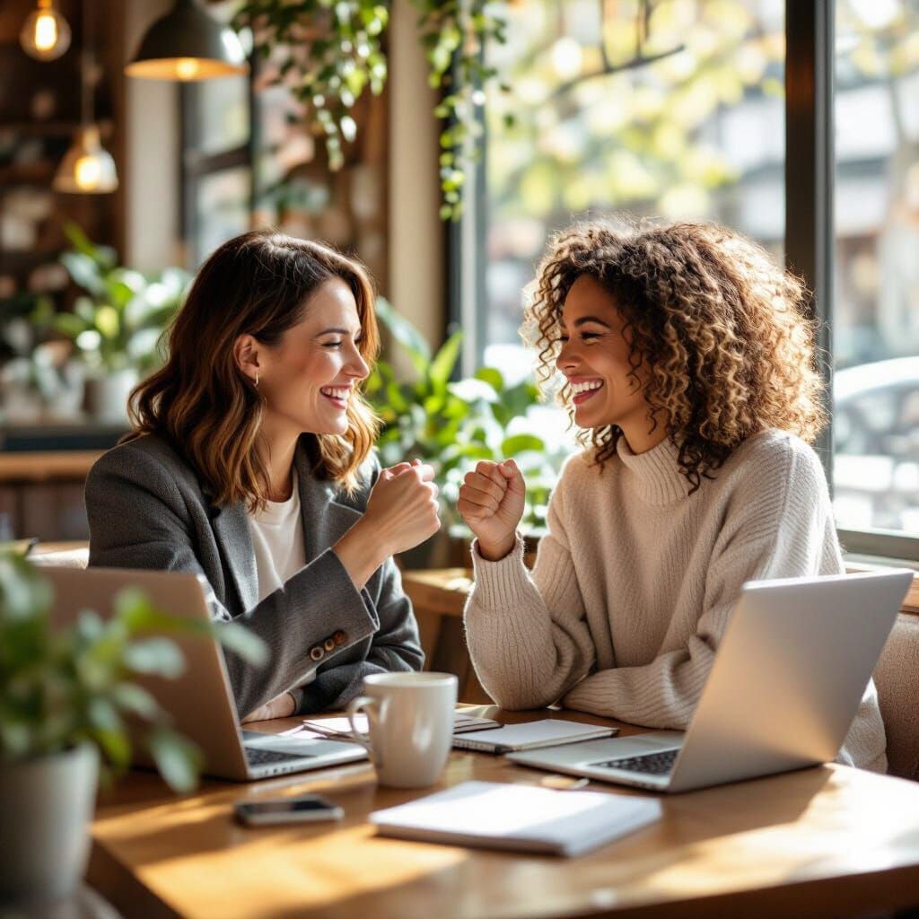 Women Celebrating Success at Cozy Cafe in Natural Light