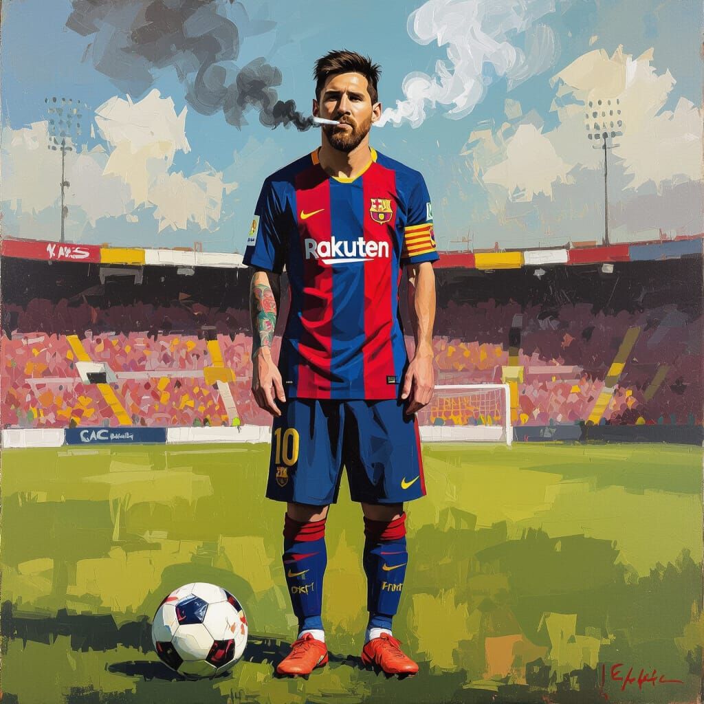 Lionel Messi Smoking on Soccer Field in Realism Style
