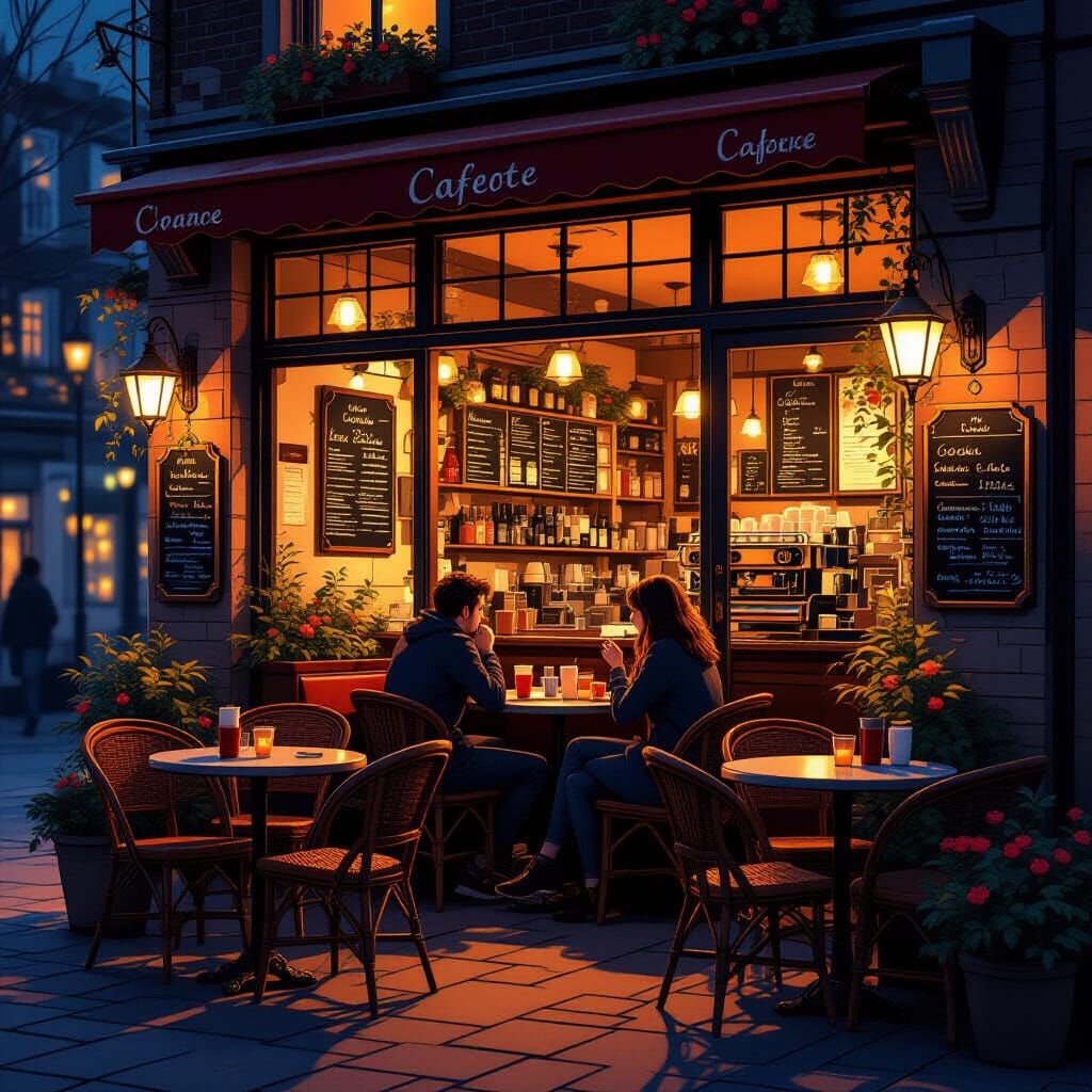Cozy Cafe at Night: Digital Illustration with Warm Glow