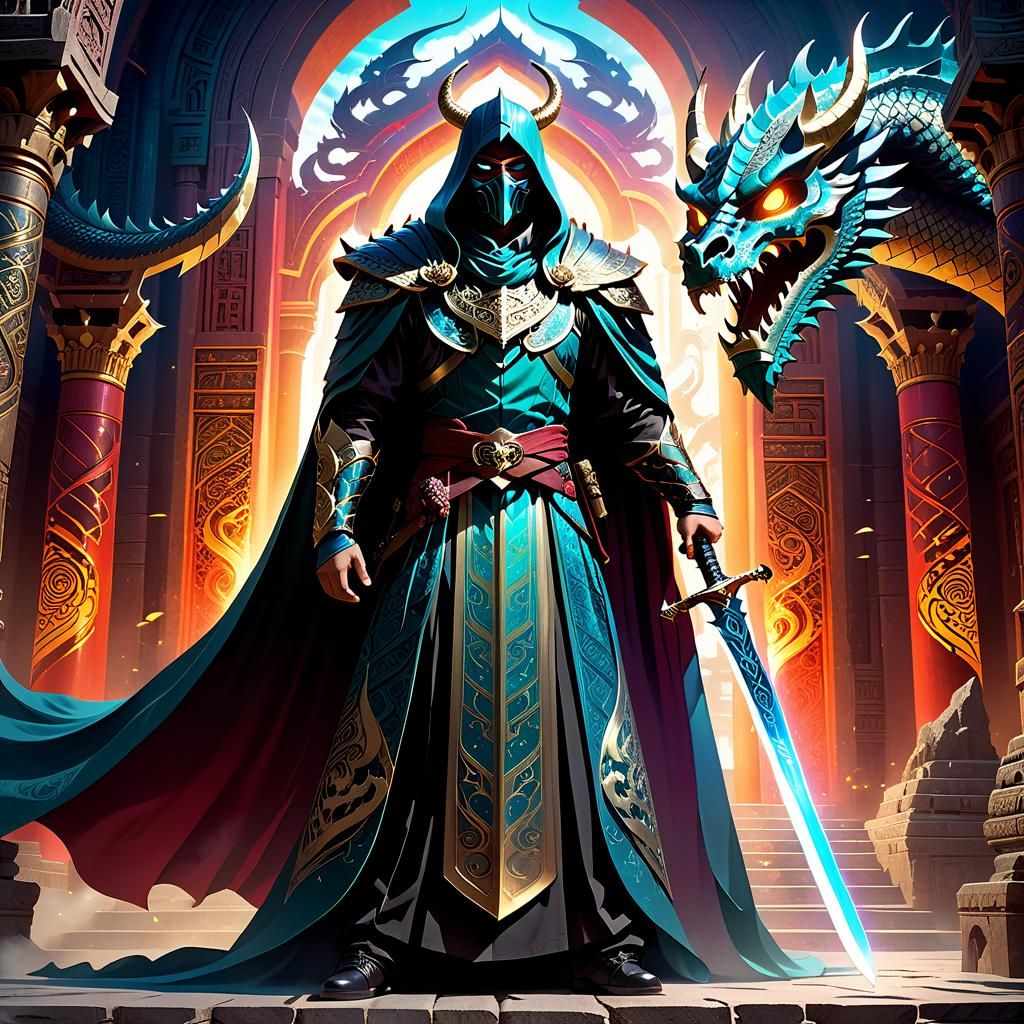 Hero in Ancient Temple with Dragon Skull