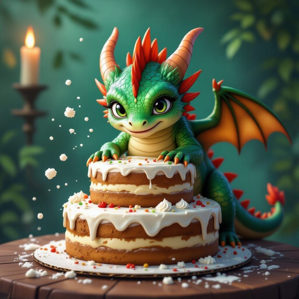Baby Dragon Eats Birthday Cake Fantasy Art