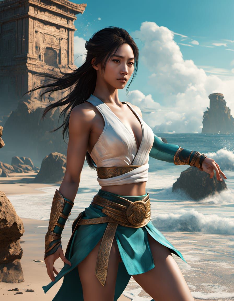 Asian Martial Artist on Beach in Digital Art