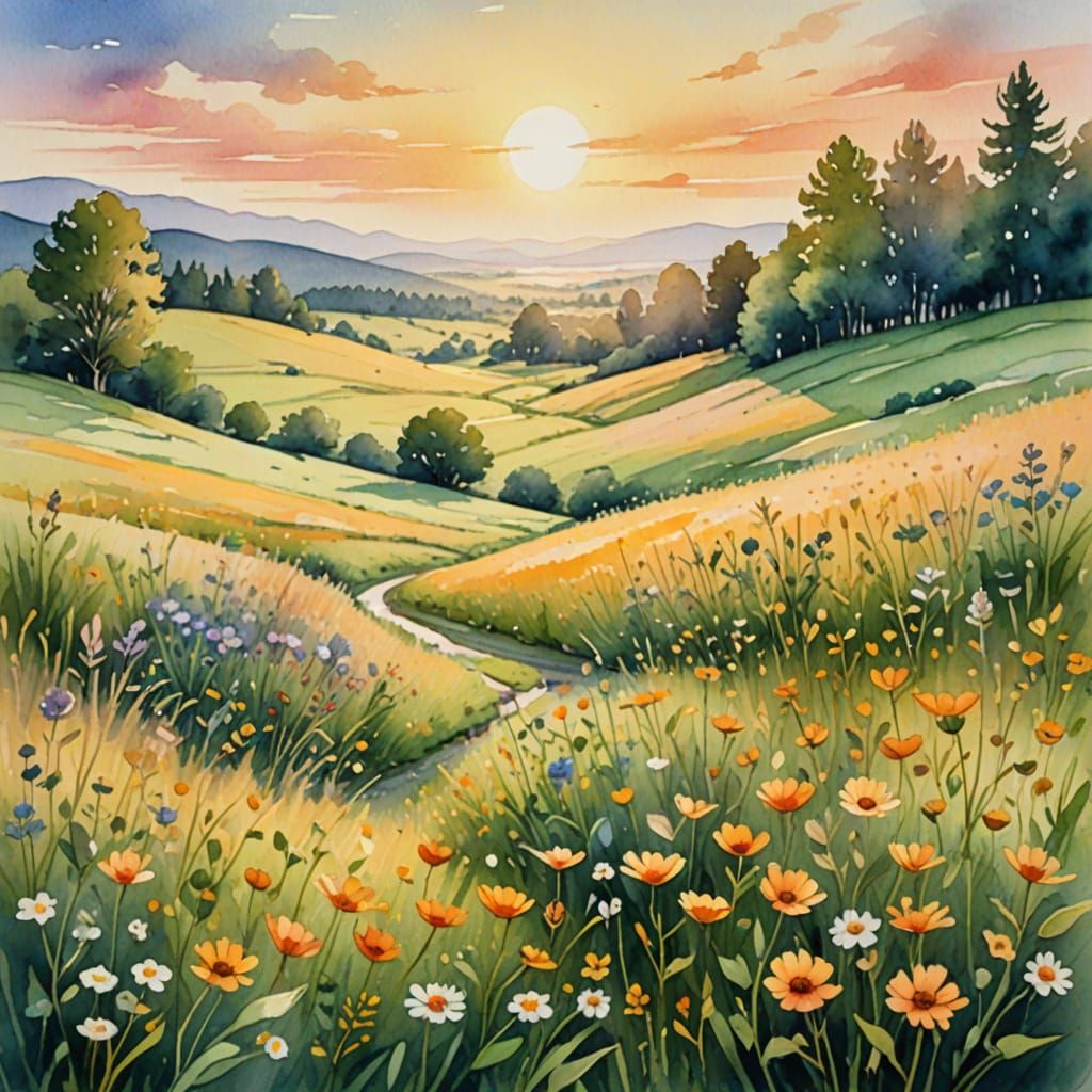 Sunrise Meadow Whimsical Watercolor Painting