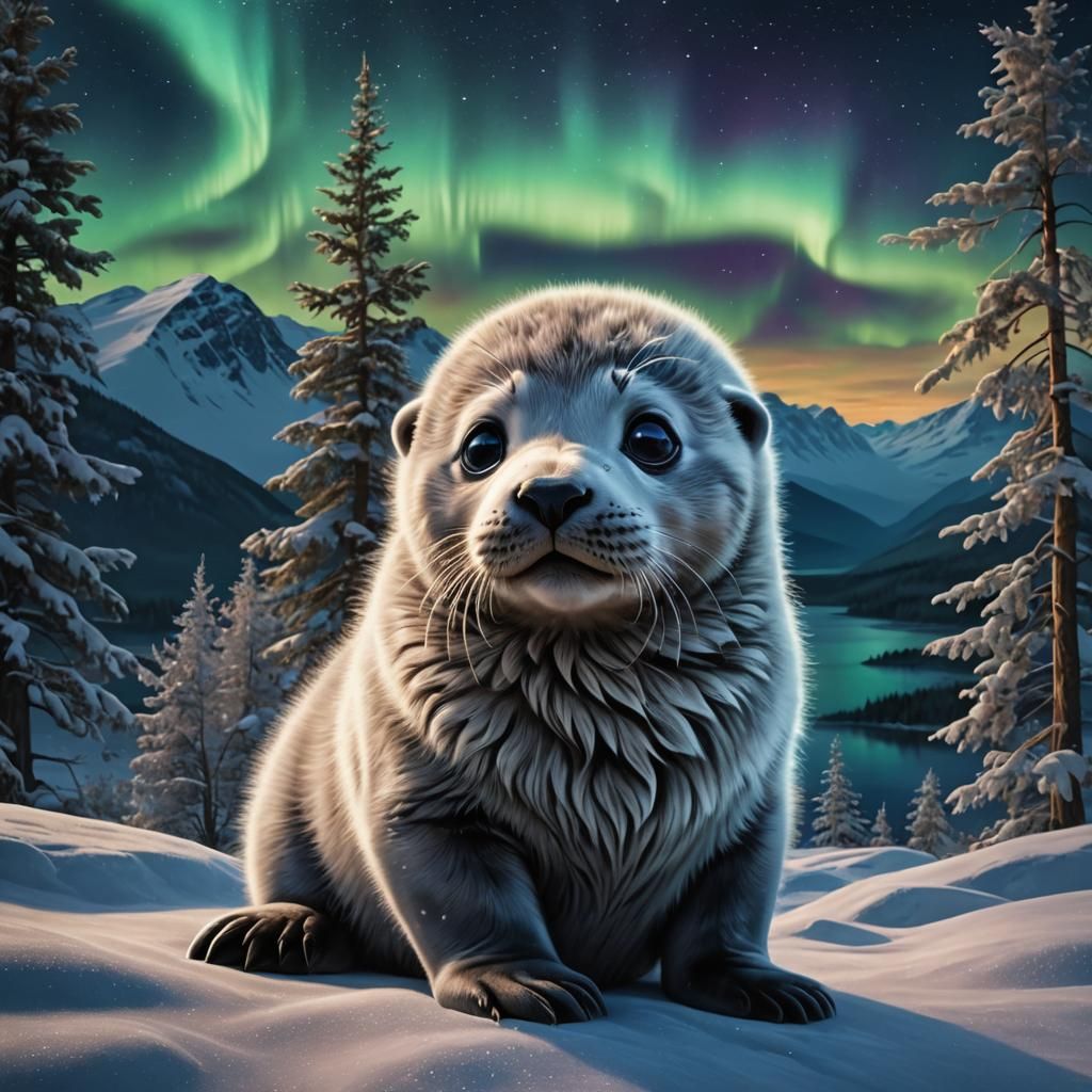 Baby Seal Gazes at Aurora Under Northern Lights