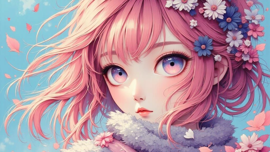 Anime Girl with Floral Accents and Moon Motifs