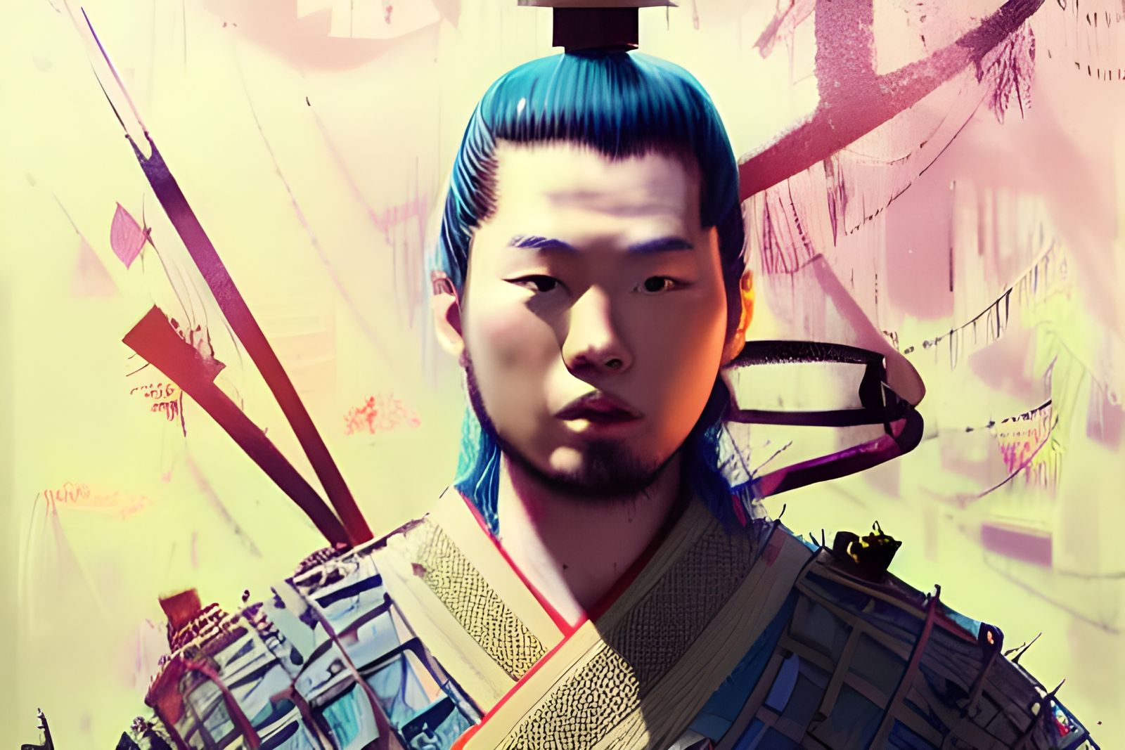 Samurai Portrait with Ponytail in Pop Art Style