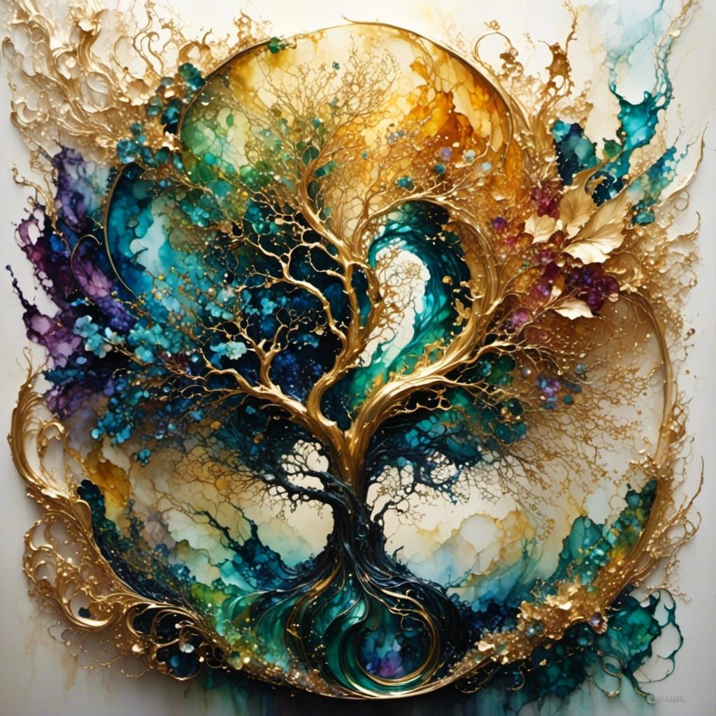 Fantasy Apple with Gold Splash in Ink Style