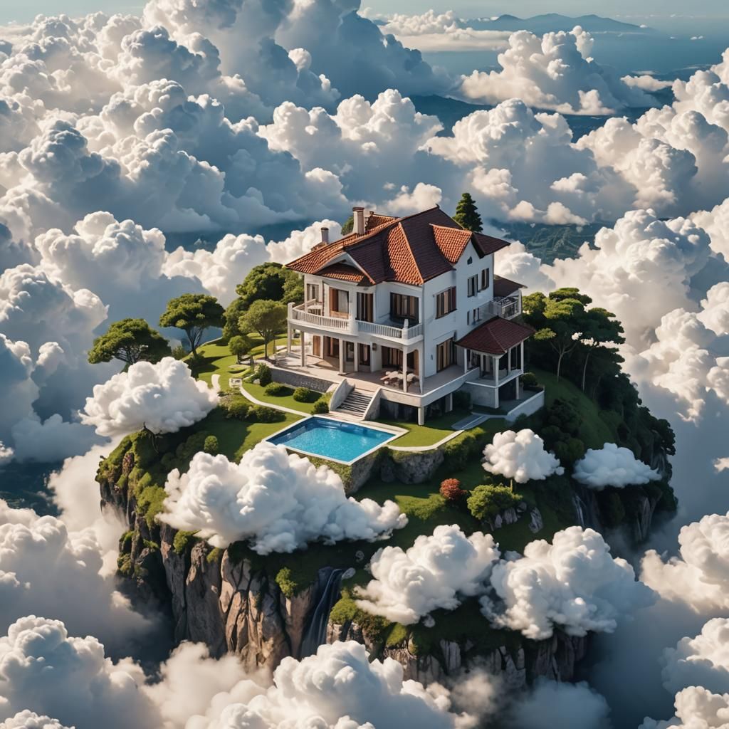 Villa Nestled on Fluffy Clouds in Realistic Style