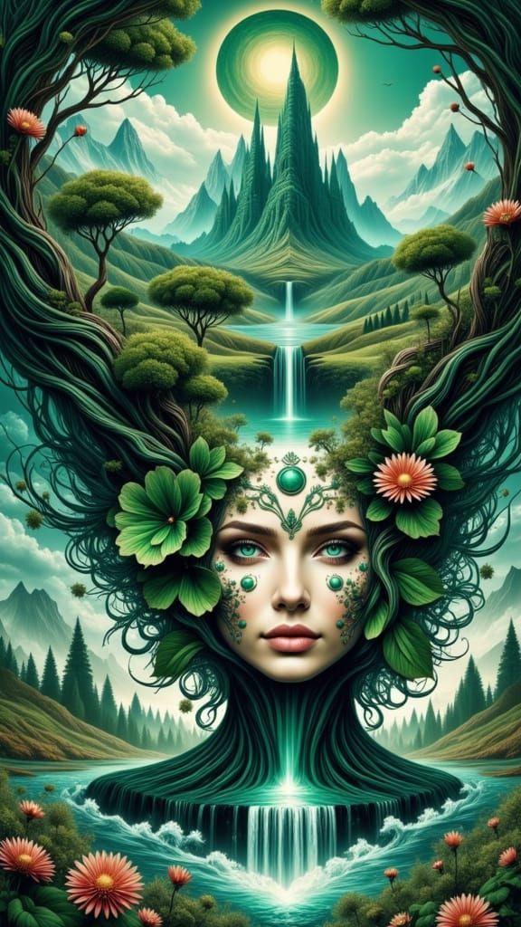 Surreal Goddess in Vibrant Bloom, Under a Radiant Sunset