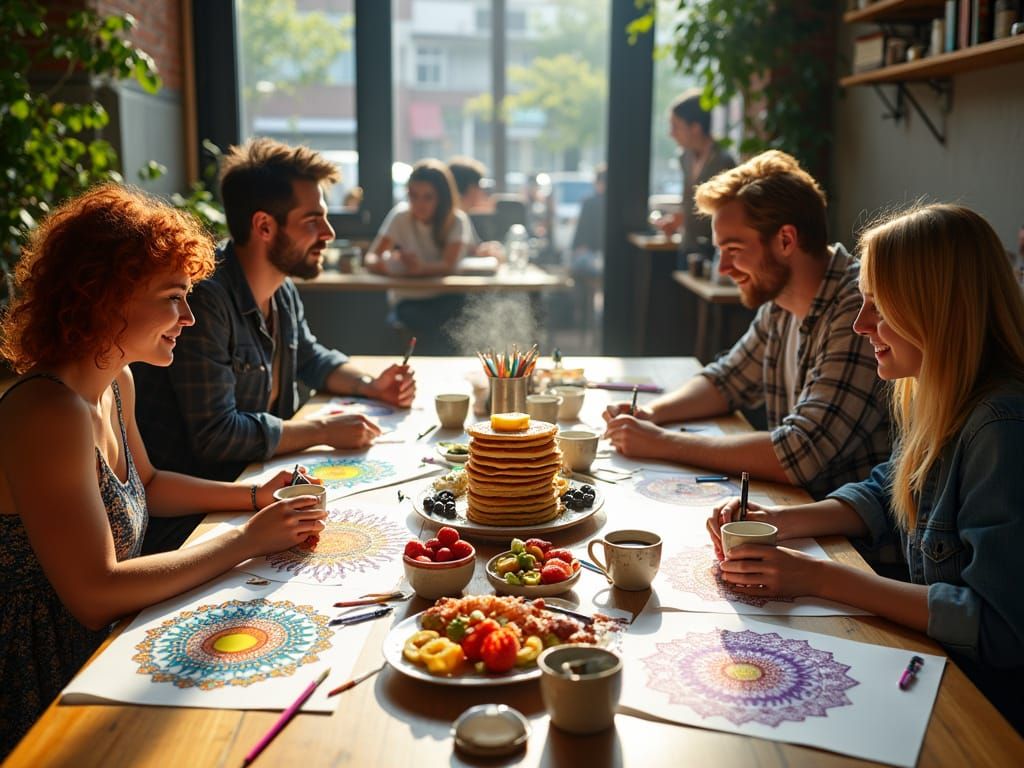 Brunch Scene: Friends Creating Mandalas in Cozy Cafe