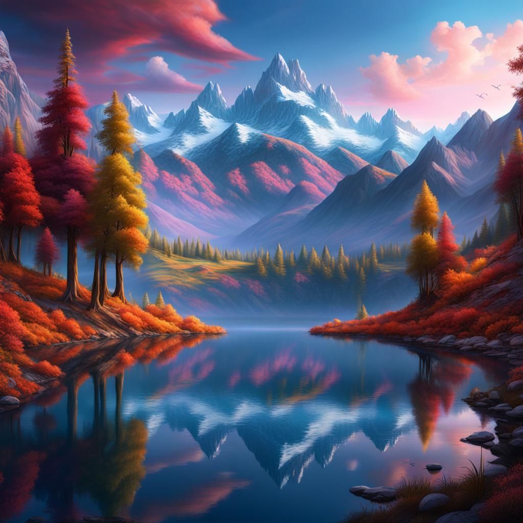Maximalist Landscape with Mountains: Digital Masterpiece