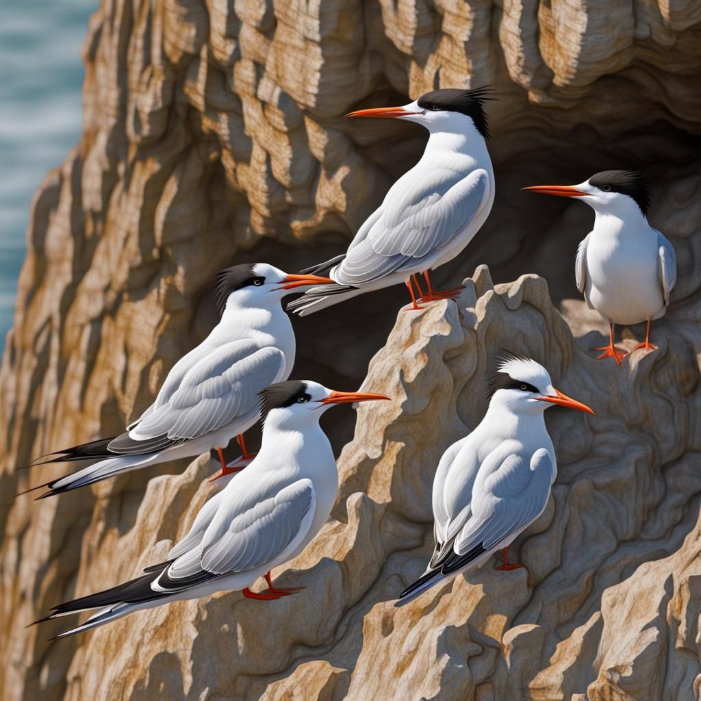 Terns Nesting on Cliff Face in Hyperrealistic Style
