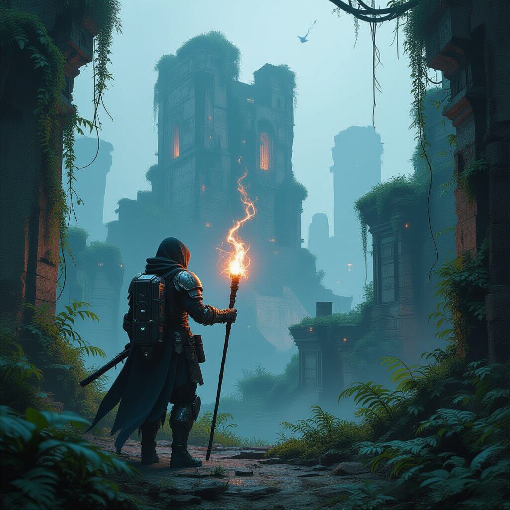 Biomechanical Explorer in Overgrown Ruins