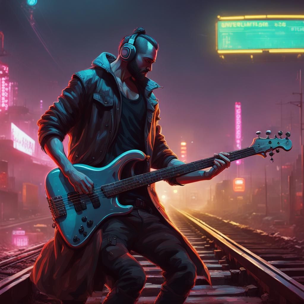 Warrior Plays Bass Guitar in Cyberpunk Scene