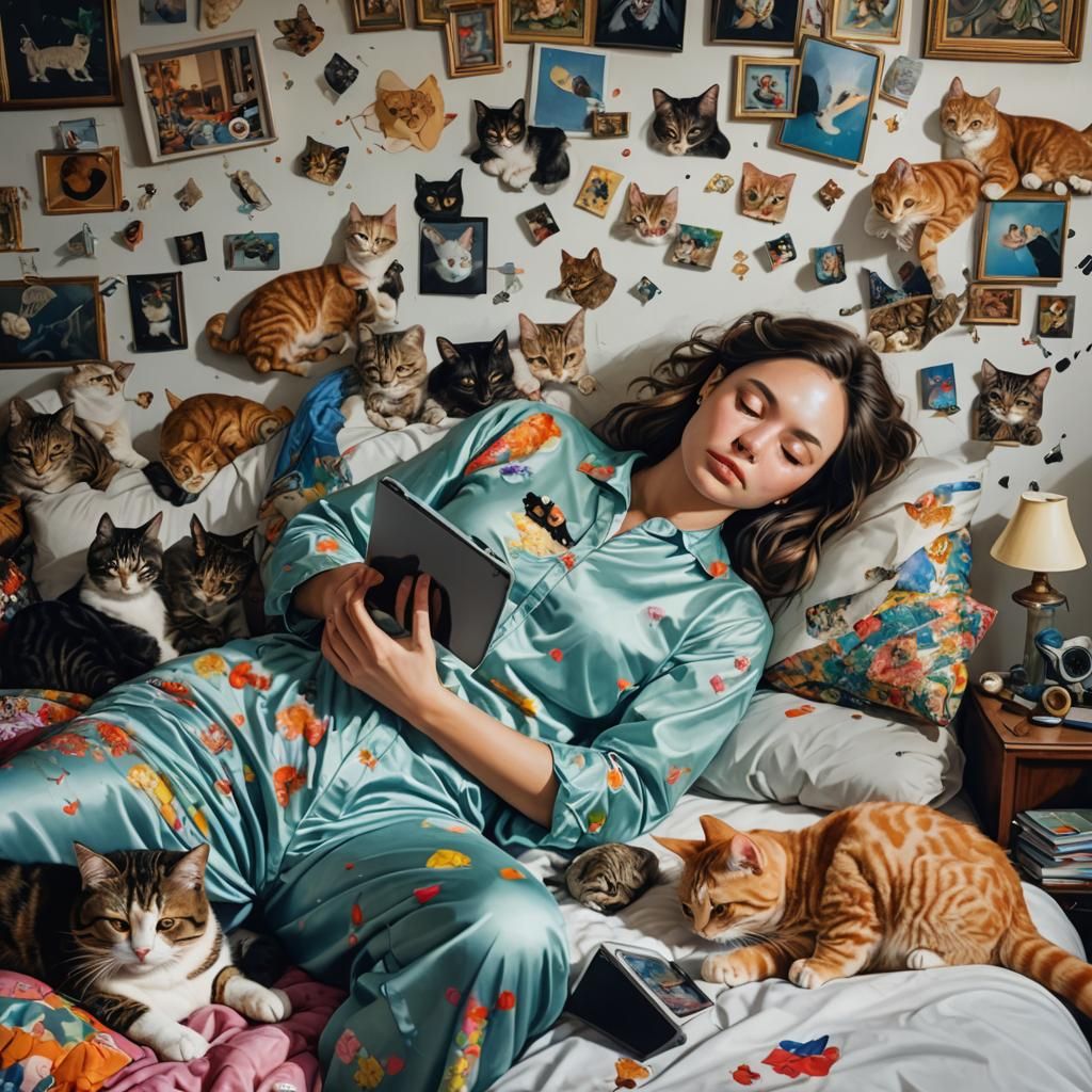 Hyperrealistic Image of Woman Sleeping with Cats