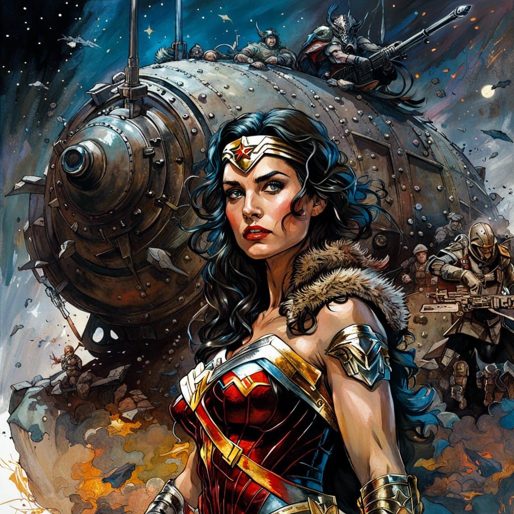 Wonderwoman in Dark Fantasy Battlefield Scene