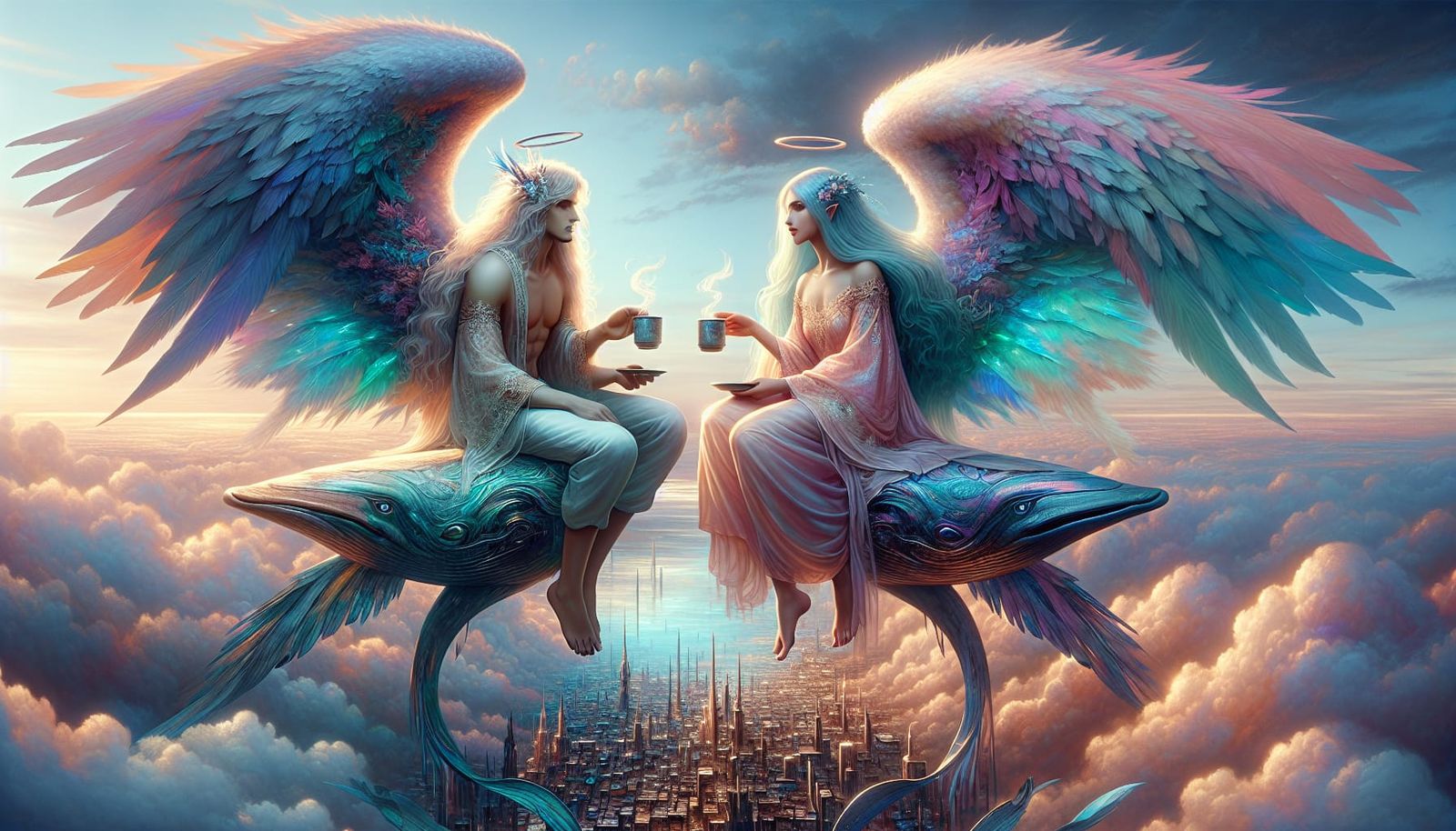 Ethereal Angel Lovers Sipping Tea on a Whale